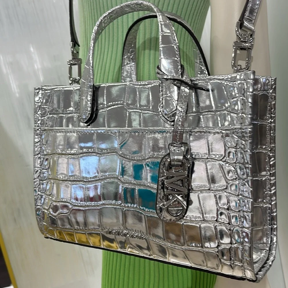 Michael Kors Gigi Small Metallic Crocodile Embossed Leather Messenger Bag Silver